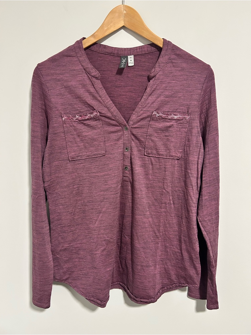 Ibex Plum Henley Long Sleeve Merino Wool Embroidered Pockets, Size Medium